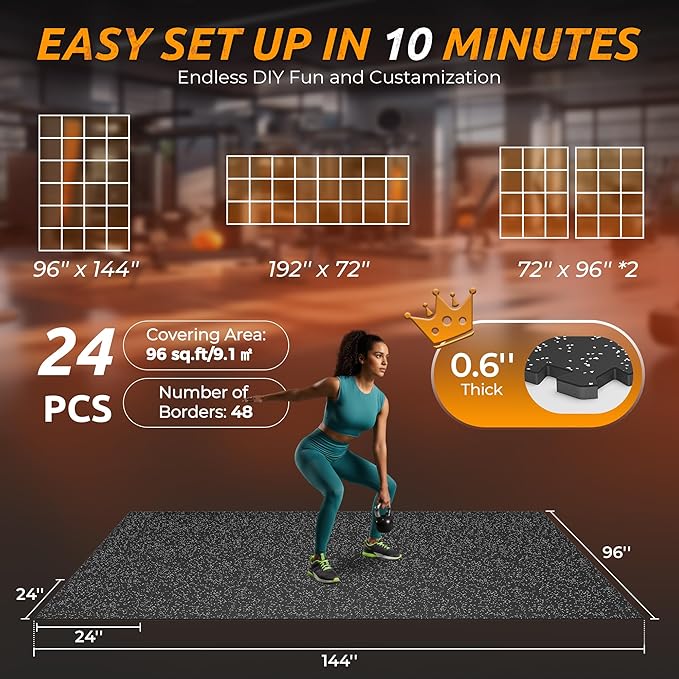 PRAISUN 0.6" Thicker Rubber Top Gym Flooring for Home Gym, 24 Pcs 96 Sq Ft Workout Mats, Exercise Mat, Interlocking Rubber Floor Mats with High Density EVA Foam for Garage, 24 x 24in, Black/Grey