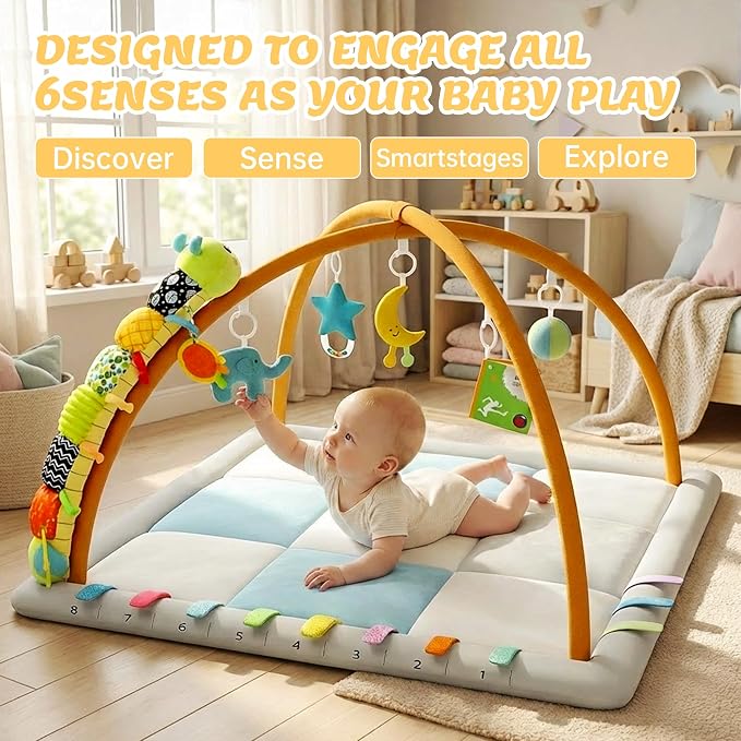 Baby Play Gym & Activity Mat, Baby Tummy time mat w 6 Detachable Toys, Promote Motor Skills & Sensory Development Mat, Newborn Infant Baby Essentials Gift.