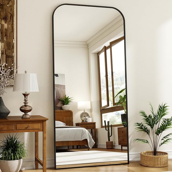 XRAMFY 77"x38" Full Length Mirror - Large Floor Standing & Wall Mountable Full Body Mirror with Sturdy Aluminum Frame, Arched Top Design, Freestanding or Hanging for Bedroom, Cloakroom,Black