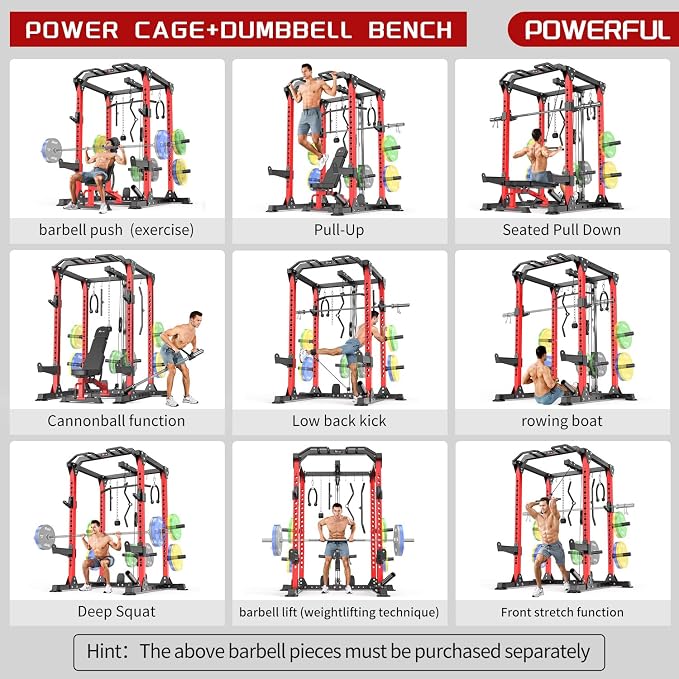 Power Cage Multi-Function Power Rack with Cable Crossover System,1500 LBS Capacity Squat Rack with Weight Bench,for Home Gym