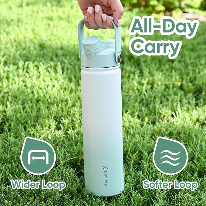 24 oz Insulated Water Bottle, 2-in-1 Lid, Straw & Spout with Protected, Leak Proof, Keep Cold 24H, Cup Holder Fit, Stainless Steel, Metal, Reusable, for Travel, Gym and School, 2 Lids, Iced Mint