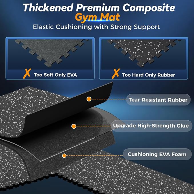 SUPERJARE 1" Extra-Thick Rubber Top Exercise Mat, Puzzle Gym Flooring for Home Gym, Gym Mat for Workout Equipment, Interlocking Floor Tiles with EVA Foam, 18 Pcs 72 Sq Ft, Black/Grey