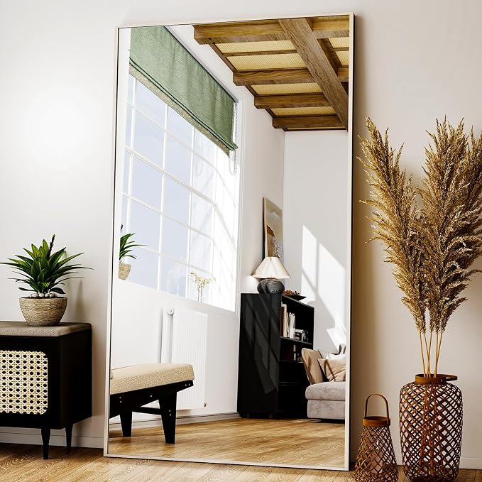 Easly Full Length Mirror with Stand - 38"x77" Full Body Mirror, Floor or Wall, Aluminum Alloy Frame for Living Room, Bedroom, Cloakroom - Silver