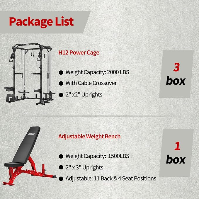 JEEKEE Power Cage with Cable Crossover System, 2000LB Multi-Function Power Rack with Independent Dual Pulleys, LAT Pulldown Seat Cushion, 20+ Attachments Squat Rack for Home Gym Workout,Black
