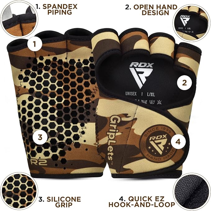 RDX Weight Lifting Gloves Grips, Gym Fitness Workout, Anti Slip Ventilated Open Back Gripper, Strength Training HIIT Exercise Deadlift, Men Women Cycling Rowing Climbing Hanging Pull Ups Gymnastics