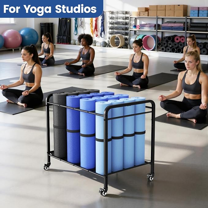 Yoga Mat Storage Rack Basket with Wheels for Foam Rollers, Metal, Home Gym | Floor-standing cart for yoga studios, gyms and fitness classes | Stores dumbbells and kettlebells with workout gear