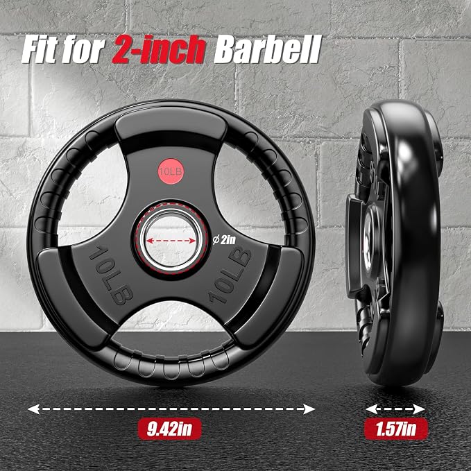 Gikpal Olympic Weight Plates, 2-Inch Three-Grip Rubber Coated Barbell Plates with Steel Hub, Cast Iron Weights for Strength Training & Home Gym, Pair or Sets (2.5–45LB)