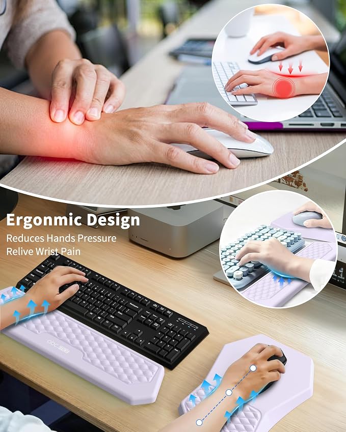Ergonomic Mouse Pad Wrist Rest and Keyboard Wrist Rest Support Set | Massage Design Mousepad for Carpal Tunnel Pain Relief, Memory Foam, Non-Slip PU Base for Computer Desk, Purple