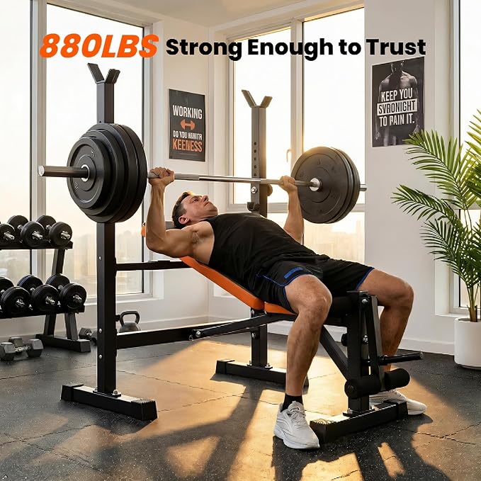 YOLEO Beginner Weight Bench Set for Home Gym, 6-in-1 Adjustable Workout Bench with Squat Rack, Foldable Full Body Fitness Equipment for Bench Press, Sit-Up & Strength Training
