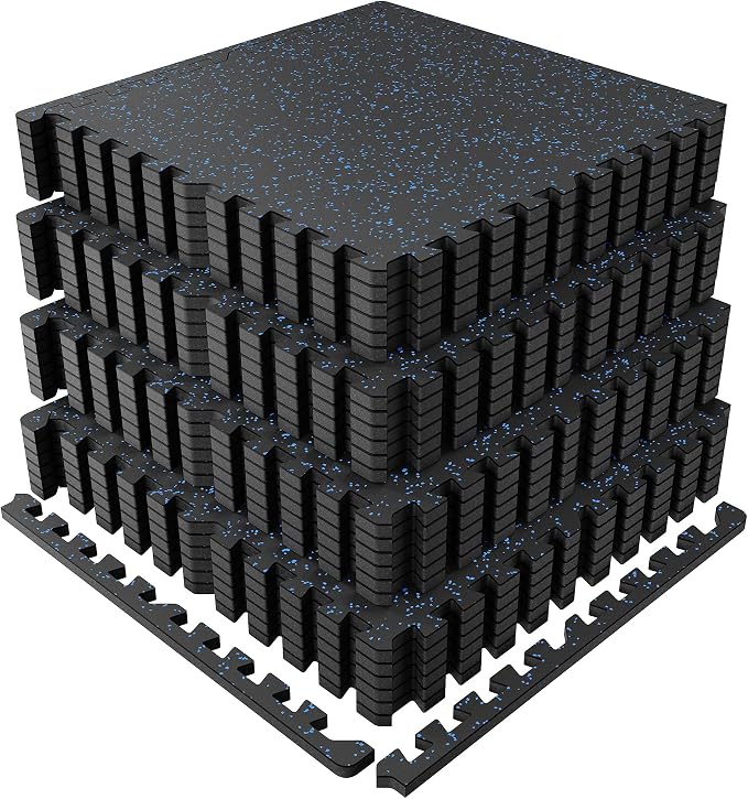 PRAISUN 0.6" Thicker Rubber Top Gym Flooring for Home Gym, 24 Pcs 96 Sq Ft Workout Mats, Exercise Mat, Interlocking Rubber Floor Mats with High Density EVA Foam for Garage, 24 x 24in, Black/Blue