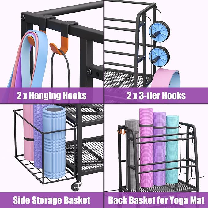 VOPEAK 3-Tier Dumbbell Rack Stand with Wheels, Home Gym Yoga Mat Storage | Stores dumbbells, kettlebells & yoga mats. Lockable wheels for mobility. Sturdy steel frame, easy 15-min assembly