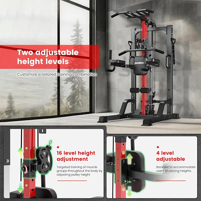 Pull Up Bar Power Tower Dip Station with Cable Machine, 450LB Home Gym | Pull up bar, dip station and 16-position cable system for pull ups, dips, lat pulldowns, rows and full-body training