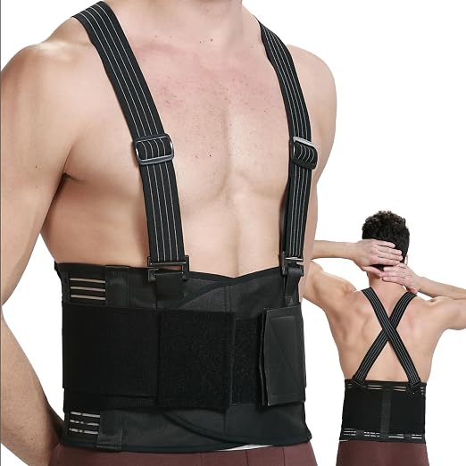 NeoTech Care Back Brace with Suspenders for Work - Industrial Lifting Safety, Elastic Compression, Hook & Loop Closure (Charcoal, Size XXL)