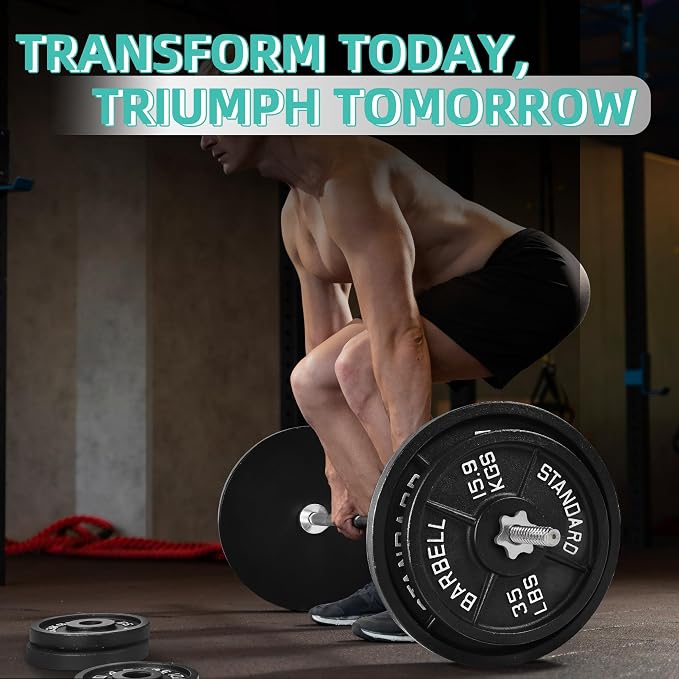 Fitvids Cast Iron Standard Weight Plates Including 5FT Standard Barbell with Star Locks, 45-Pound Set (35 Pounds Plates + 10 Pounds Barbell), Multiple Styles