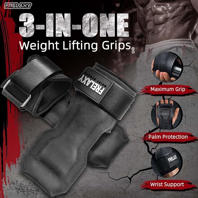 Frelaxy Lifting Wrist Straps, Rubber Weight Lifting Grips for Deadlifts | Non-slip rubber palm, Full palm protection, Neoprene wrist padding, Enhanced grip support, Pull ups rows lat pulldowns