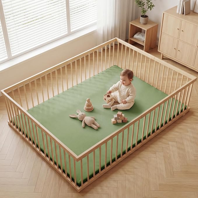 Huloo Sleep Baby Play Mat 65x50 Inches, 1.3" Thick Padded Waterproof Floor Cushion & Playpen Mat with Vegan Leather, Non-Slip & Non-Toxic Nursery Rug for Infants, Toddlers & Kids(Green)