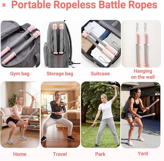 Adjustable Ropeless Battle Ropes for Home Gym-Cordless Training Rope Fitness Equipment for Men & Women,Portable Arm Exerciser Rope for Strength Building, HIIT and Low-Impact Aerobic Training (Pink)