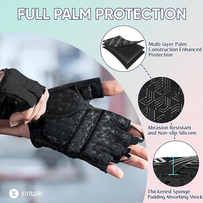 SIMARI Workout Gym Gloves for Men Women, Weight Lifting Gloves with Wrist Wrap Support, SBR Pad Grip for Full Palm Protection, for Exercise, Fitness, Dumbbells, Barbell, Climbing, Fingerless
