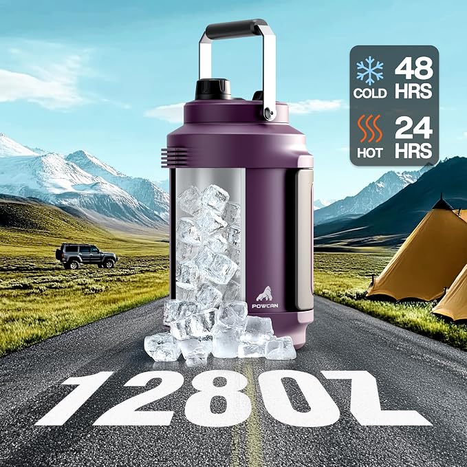 POWCAN 128 oz Insulated Water Bottle: 2-in-1 Straw Spout Lid, Dual Handle, Leakproof, Keep Cold 48H, Gallon Stainless Steel Water Jug for Camping, Travel, Gym, Hydration, Fitness, Daily (Burgundy)