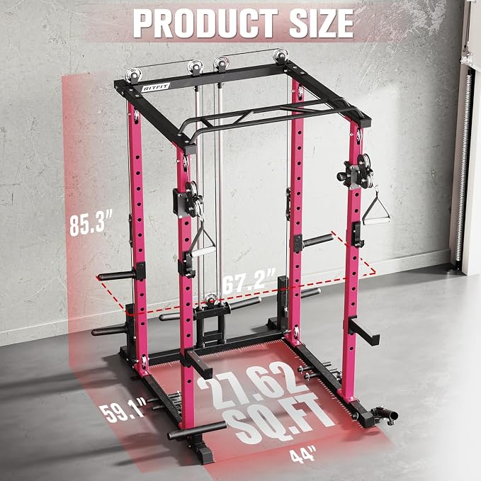 RitFit PPC-P3 Power Cage with Cable Crossover System, 1200LB Capacity | LAT Pulldown & Cable Crossover System with Bumper Plate Set, Olympic Barbell, Bench