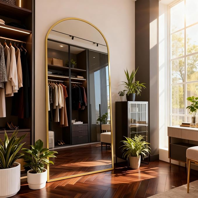 Arched Full Length Mirror 71"x32" Gold | Aluminum Frame Shatterproof Glass, Freestanding Leaning Wall Mounted Mirror for Bedroom Living Room Entryway, Modern