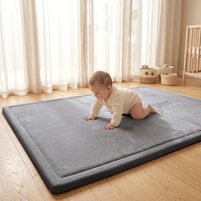 ACOMOPACK Baby Play Mat for Floor 1.3" Thick Memory Foam Play Mat 79"×157" Tummy Time Crawling with Non-slip Bottom for Living Room,Nursery,Soft Velvet Playpen Mats for Kids,Infants（Dark Grey）