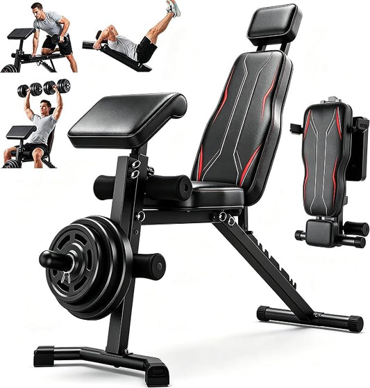 ANCHEER Adjustable Weight Bench with Leg Extension and Leg Curl, 800LB Foldable Workout Bench with Extended Headrest for Home Gym Strength Training, Incline Decline Flat Preacher Bench Press