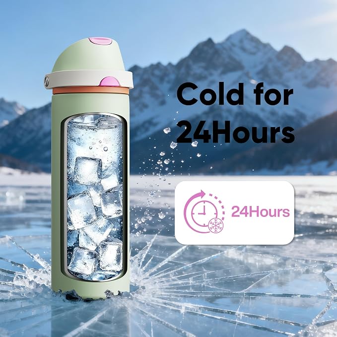 Insulated Water Bottle with Straw - Encool Stainless Steel Water Bottle with Push Button Lid, Leak-Proof & BPA-Free, Keeps Cold for 24 Hours for Sports, Travel, Gym (24 oz, Geyser Green)