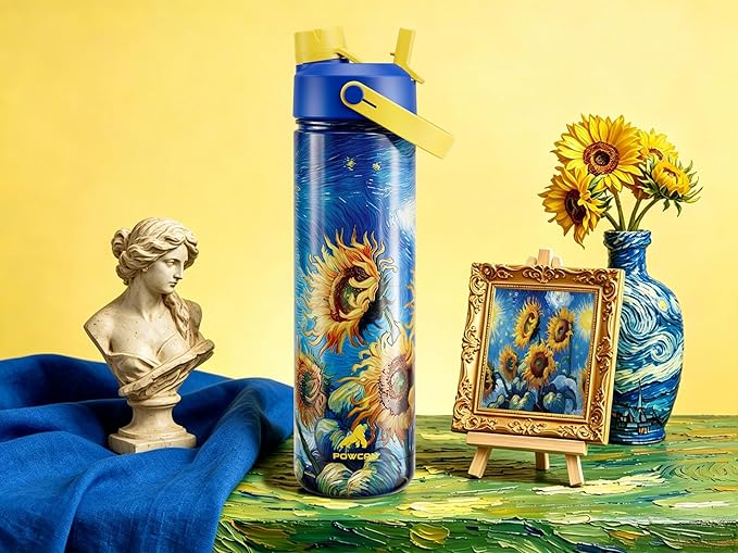 POWCAN 26 oz Insulated Water Bottle with 2-in-1 Straw and Spout Lid, Keep Cold 24H, Leak-Proof, Fits in Car Cup Holder, Stainless Steel Water Bottle for Gift, Art Studio & Daily (Sunward Glow)