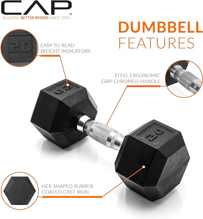 CAP Rubber Coated Dumbbell Weights, Free Weights for Home Gym Strength Training, Anti-Roll Hex Dumbbells with Black, Chrome & Comfort Grip Handles, Pairs & Sets
