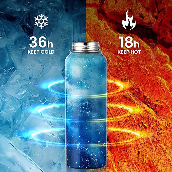 RAYMYLO Insulated Water Bottle 40 oz, Triple Wall Vacuum Stainless Steel | (Cold for 36Hrs, Hot for 18Hrs), Leak Proof & Non-BPA, Modern Water Flask Jug with Paracord Handle & Straw Spout Lids