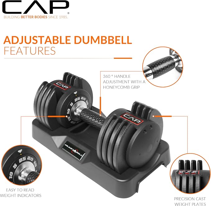 CAP ADJUSTABELL Adjustable Dumbbell Set, Premium Quick Select Adjustable Weights for Strength Training, Singles & Pairs, 12.5 LB, 25 LB & 55 LB, Round & Hex Dumbbells, Multiple Grip Handle Options
