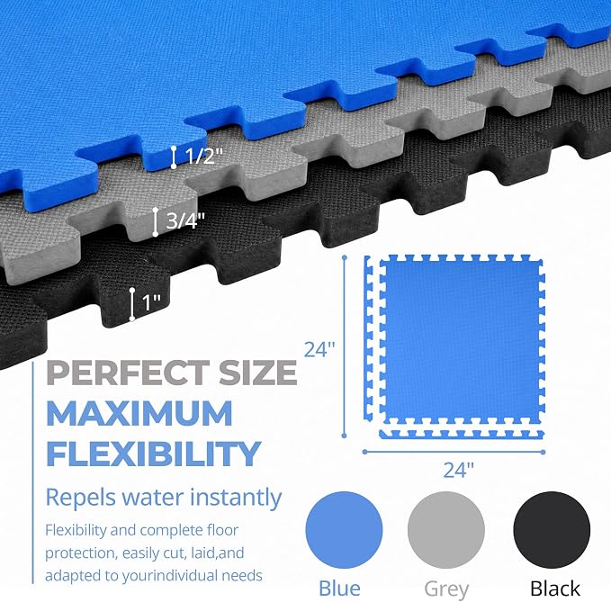 HulkFit Puzzle Exercise Mat, 1/2 Inch EVA Interlocking Foam Gym Flooring for Home Gym, Garage, Apartments, Shock-Absorbing Floor Tiles Workout Mat for Workout Equipment, MMA, Gymnastics, 12 Tiles