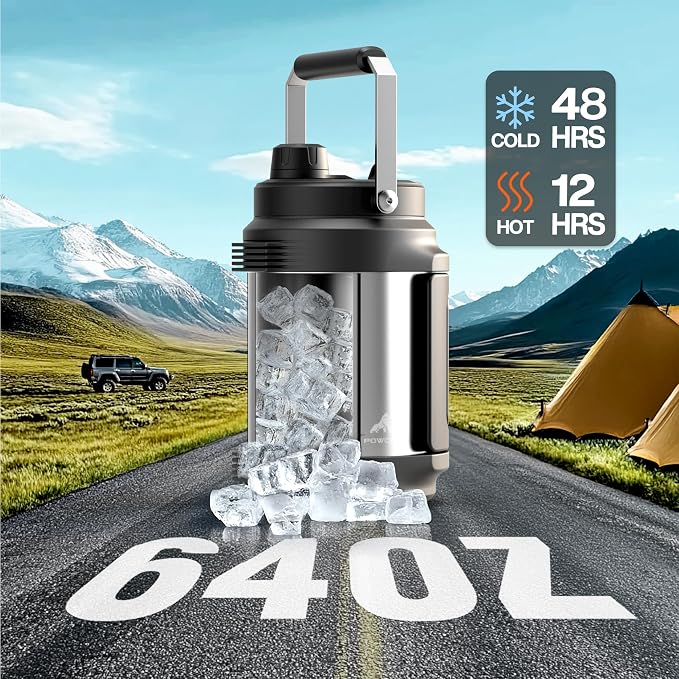 POWCAN 64 oz Stainless Steel Water Bottle: 2-in-1 Straw Spout Lid, Dual Handle, Leakproof, Keep Cold 48H, Half Gallon Insulated Water Jug for Outdoors, Fitness, Journey, Trip, Work, Camping (Steel)