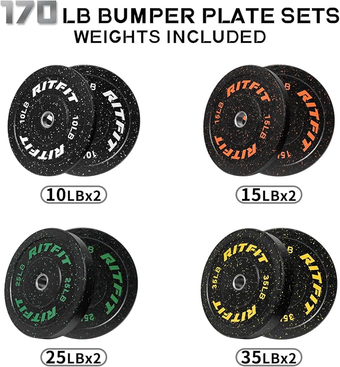 RitFit Bumper Plates, Colored Fleck-Rubber Weight Plates with Steel Insert, 2-inch Olympic Weight Plates for Weight Lifting and Strength Training