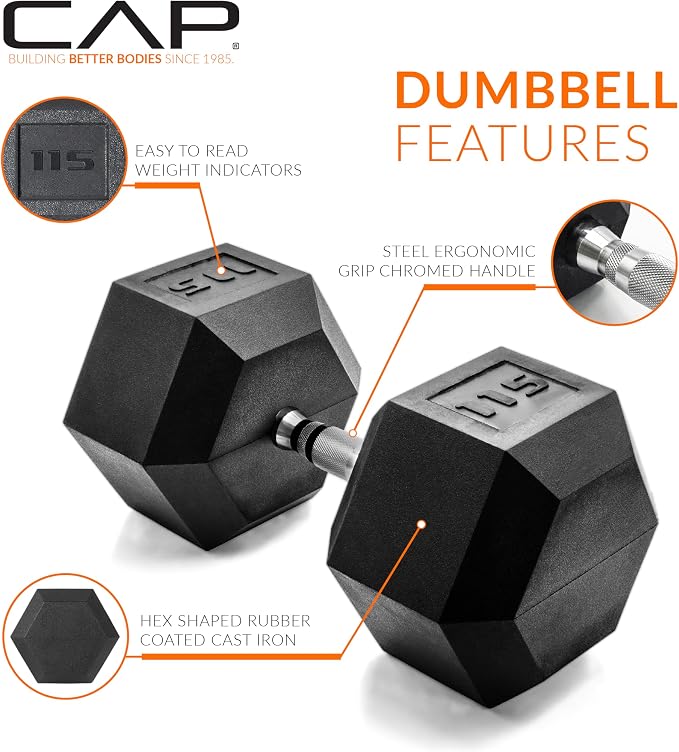 CAP Rubber Coated Dumbbell Weights, Free Weights for Home Gym Strength Training, Anti-Roll Hex Dumbbells with Black, Chrome & Comfort Grip Handles, Pairs & Sets