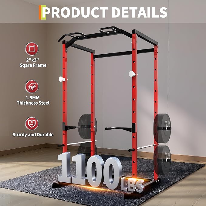 GarveeLife Compact Power Cage for Home Gym, 1100 LB Capacity Power Rack with Pull-Up Bar, Dip Station, Safety Bars & Weight Plate Storage, Squat Rack for Garage Gym