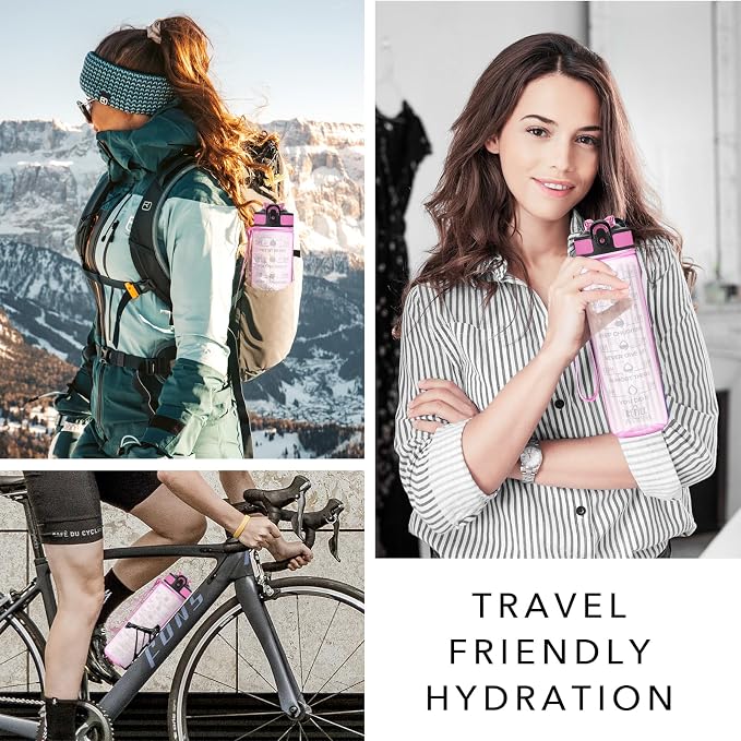 Hyeta Water Bottle with Straw & Time Marker, Plastic 32oz Leakproof | Motivational Tritan BPA Free Gym Office Outdoor Intake Tracker Hourly Reminder Straw Lid Carry Strap