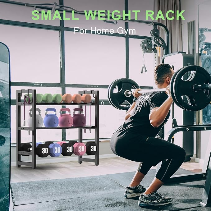 3-Tier Adjustable Dumbbell Rack, Heavy-Duty Weight Rack for Home Gym, Space-Saving Weight Storage Rack for Dumbbells, Kettlebells, Barbells & Plates (Rack Only)