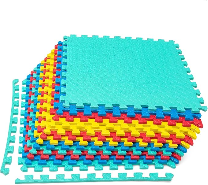 Tangkula 12 Tiles Exercise Flooring Mats with Border, Non-Slip EVA Foam Protective Mats, Elastic Puzzle Play Mats, 1/2" Interlocking Floor Mats for Home Gym, Fitness Room, Workshop Equipment