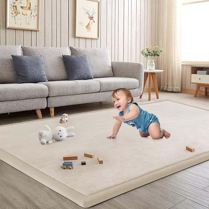 Baby Play Mat for Floor Nursery Rug Muscle Mat Area Rug Playroom Rug 79"x79" Playpen Mat Elastic Foam 1.3" Thick Crawling Mat for Babies,Toddlers, Infants, Kids,A Beige