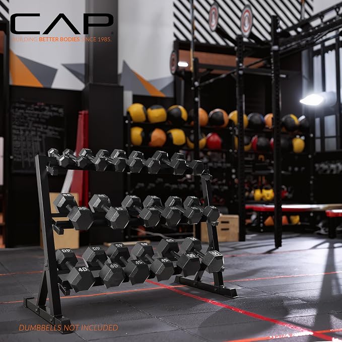 CAP 2-Tier & 3-Tier Dumbbell Rack for Home Gym, Heavy-Duty Steel Weight Storage Rack for Hex Dumbbells, Holds 5-35lb 5-50lb 5-75lb Dumbbell Pairs, Multiple Sizes & Capacities