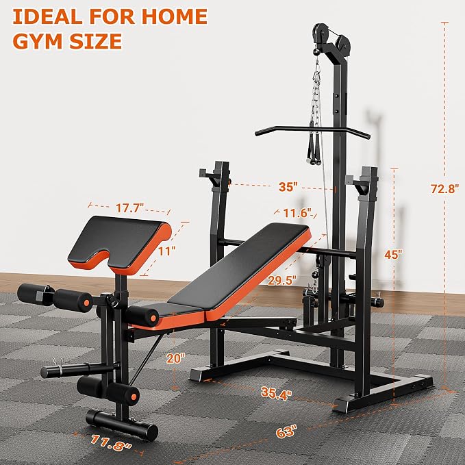 Fostoy Olympic Weight Bench with Lat Pulldown, Squat Rack & Leg Curl | Adjustable,Cable Row, Squat Rack, Leg Developer, Preacher Curl, Multi-Angle Backrest, Full Body Strength Training