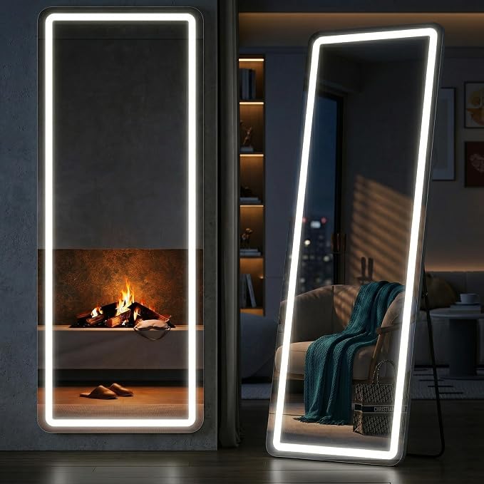 Full Length Mirror with Lights, 71" x 26" LED Floor Mirrors, Full Body Dressing Standing Mirrors with Dimming & 3 Color Lighting, Hanging Mounted Mirror for Living Room Bedroom Cloakroom