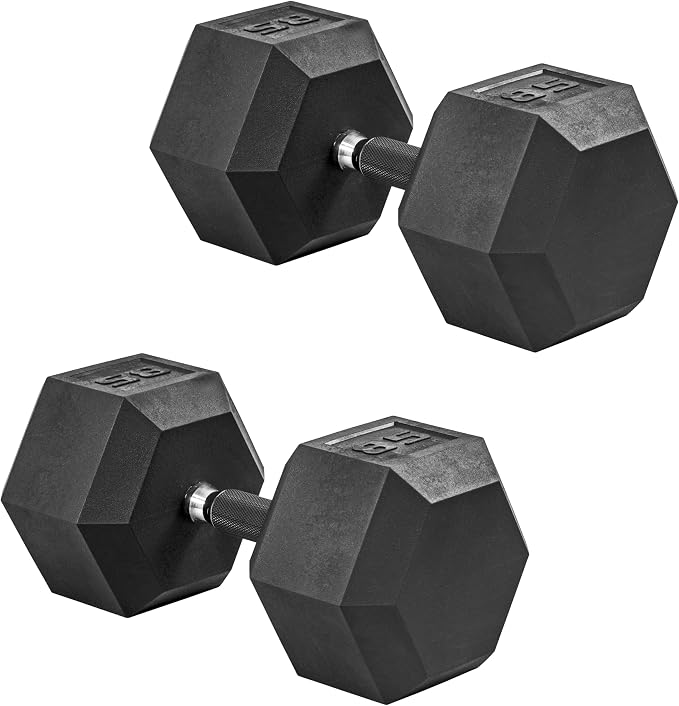 CAP Rubber Coated Dumbbell Weights, Free Weights for Home Gym Strength Training, Anti-Roll Hex Dumbbells with Black, Chrome & Comfort Grip Handles, Pairs & Sets