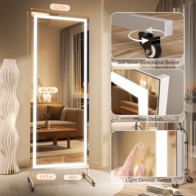 Hasipu 65"x22" LED Full Length Mirror on Wheels, 360° Swivel, White | Tempered glass & metal frame, smooth rolling casters with brakes, ideal for home gym, yoga, dance studio & bedroom.