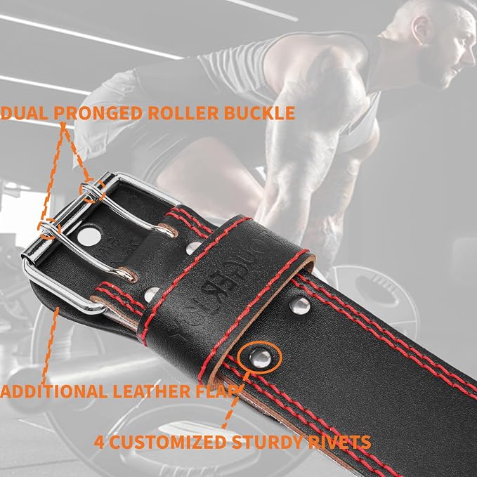 Genuine Leather Weight Lifting Belt for Men Double Prong Power Belt Heavy Duty - Strong, Stabilizing Back Support for Deadlifts, Squats Powerlifting