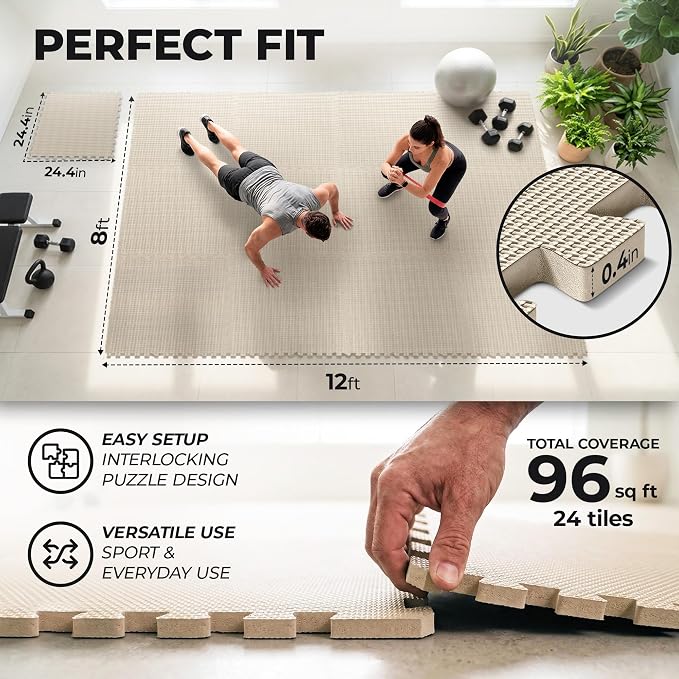 bemaxx Gym Mats Set - 24 pcs EVA Interlocking Foam Floor Tiles (24.4"x24.4"x0.4") 96 sqft Protective Gym Flooring Sports Home Workout Exercise Mats Puzzle Garage Fitness Play-Room Pool Treadmill Bike