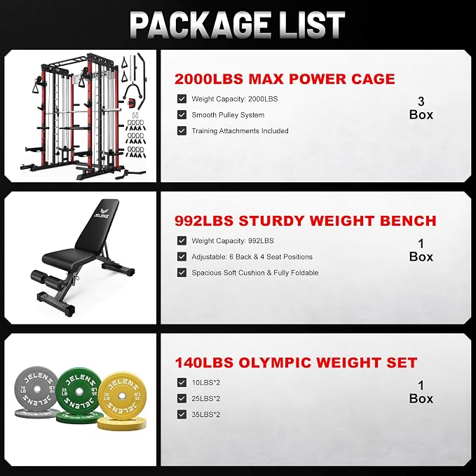JELENS Smith Machine for Home Gym, Multi-Function M12 Power Cage with Cable Crossover System, Squat Rack with Smith Bar and More Attachment
