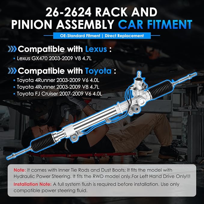 26-2624 Hydraulic Power Steering Rack and Pinion Fit for Toyota 4Runner 03-09, FJ Cruiser 07-09, for Le-xus GX470 03-09 Automotive Replacement Rack & Pinion Assembly 4420035061 4420035060